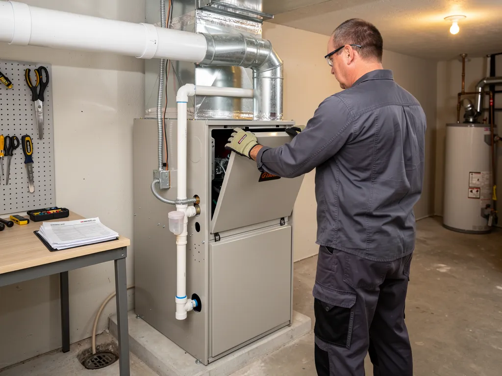 Technician completing a furnace installation covered by a parts and labor warranty