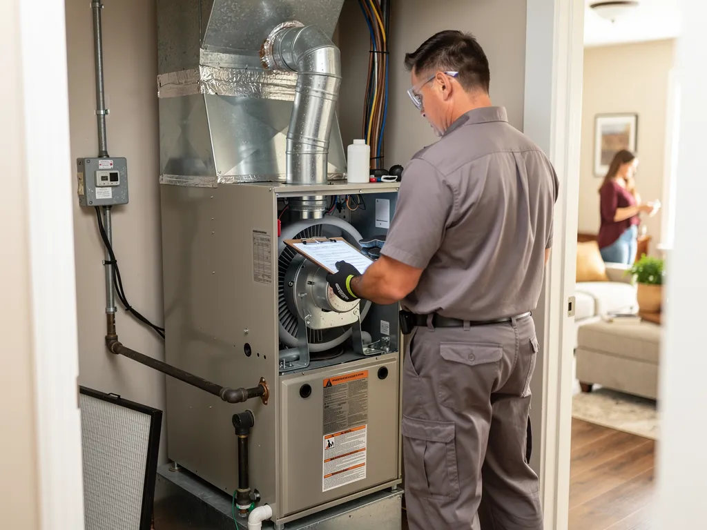 Technician performing a step-by-step furnace inspection during a scheduled home service visit