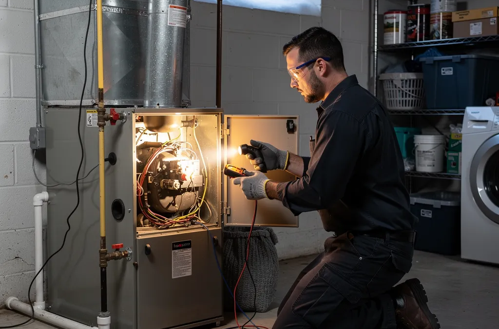 Technician inspecting a residential furnace control panel in a home mechanical room