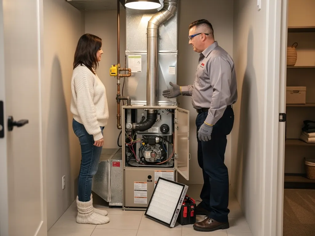 Technician explaining furnace repair findings to a homeowner in a utility room