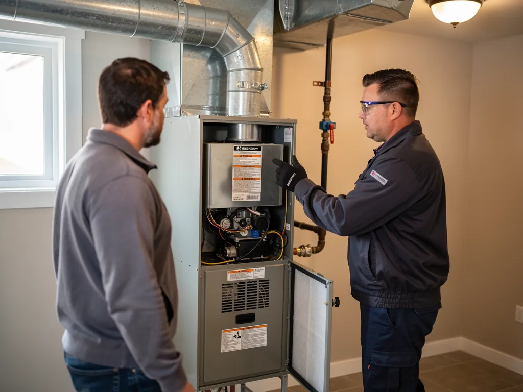 Homeowner and technician reviewing furnace age and repair history together