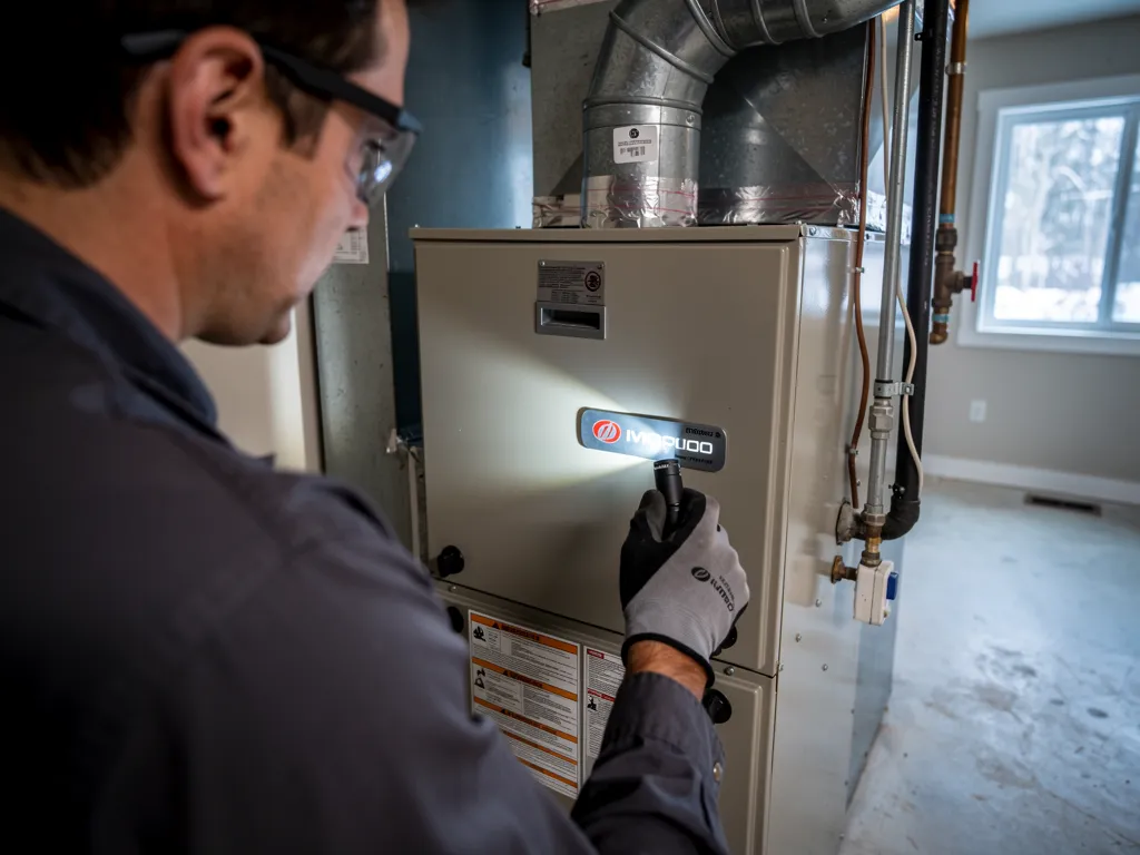 Technician checking a furnace rating plate to determine system age