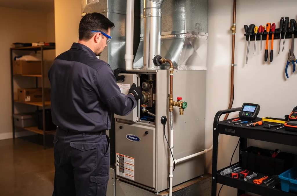 Technician completing a furnace safety inspection in a warm home